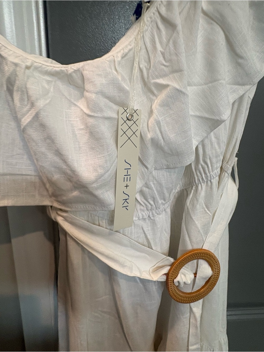 She + Sky One-Shoulder White Ruffle Midi Dress with Belt - Picture 3 of 5